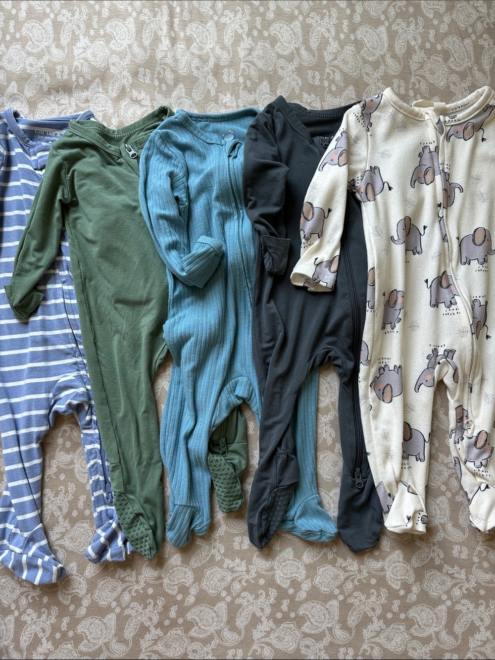 Babies' Neutral Elephant Print and Solid Zipper Footed One-Piece Sleepers